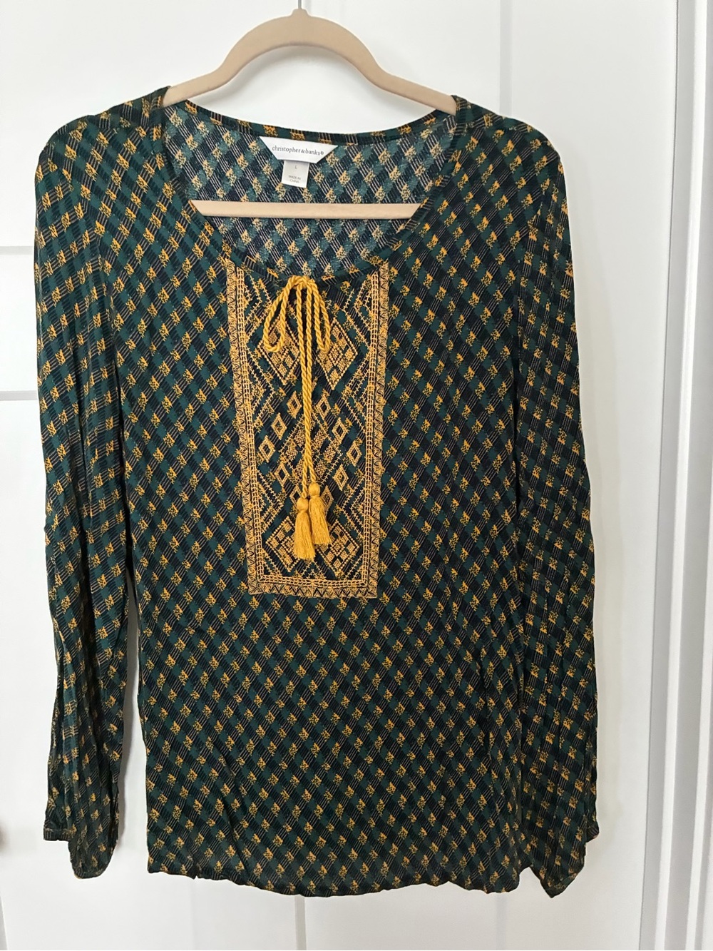 Christopher & Banks Forest Green and Mustard Embroidered Peasant Blouse